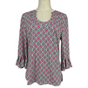 Ermas Closet Pink Navy Geometric Honeycomb Print Bell Sleeve‎ Top Womens Small